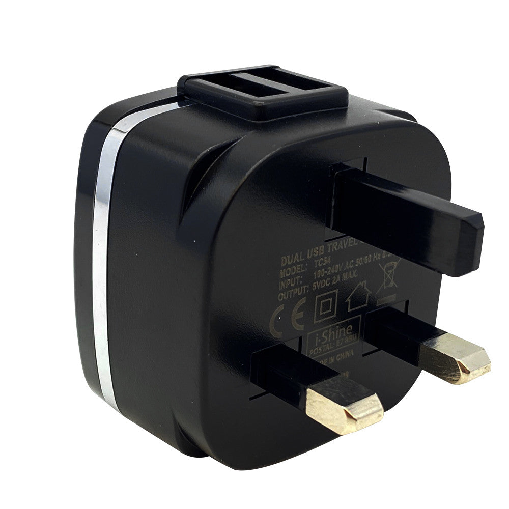 IShine 2 AMP Dual USB Charger Adapter Plug - Black
