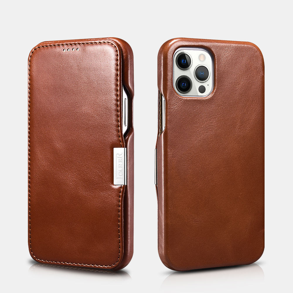 iPhone 12 Pro Max Vintage Leather Magnetic Style Folio Case - Brown
