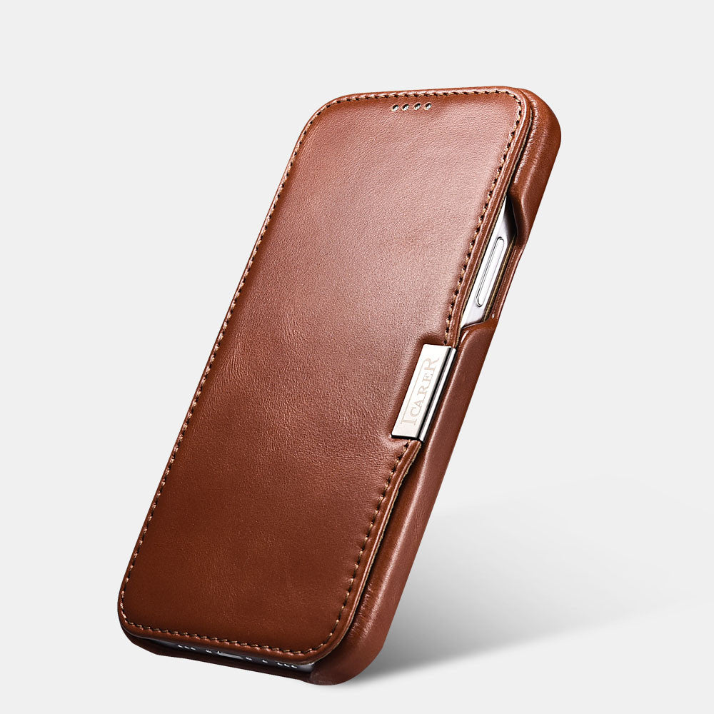 iPhone 12 Pro Max Vintage Leather Magnetic Style Folio Case - Brown