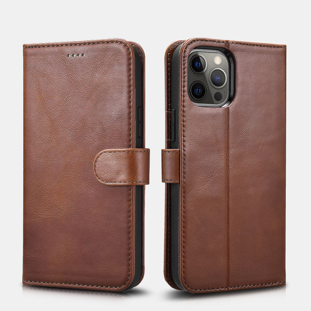 iPhone 12 Pro Max Crazy Horse Real Leather Wallet Phone Case - Brown