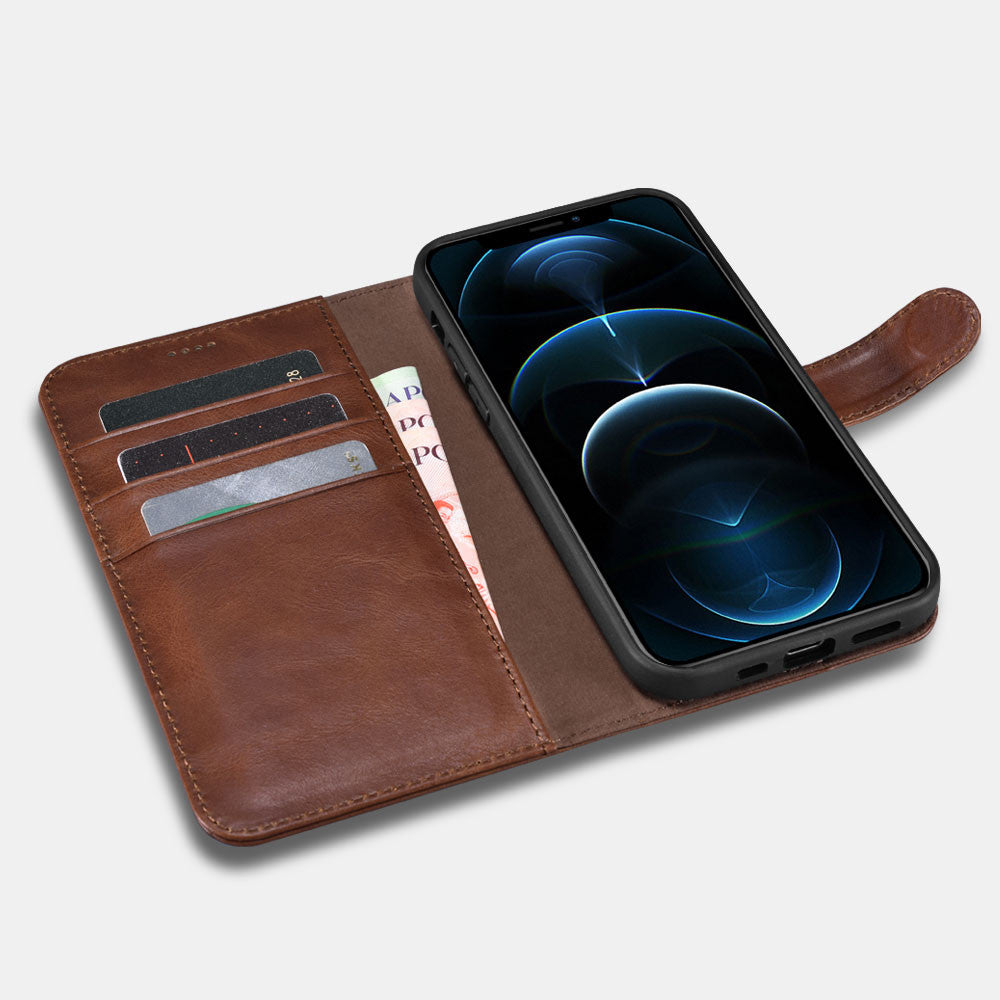 iPhone 12 Pro Max Crazy Horse Real Leather Wallet Phone Case - Brown