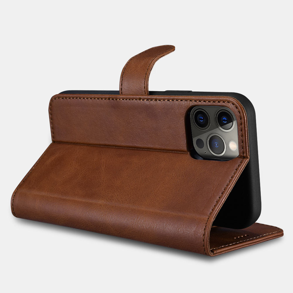 iPhone 12 Pro Max Crazy Horse Real Leather Wallet Phone Case - Brown