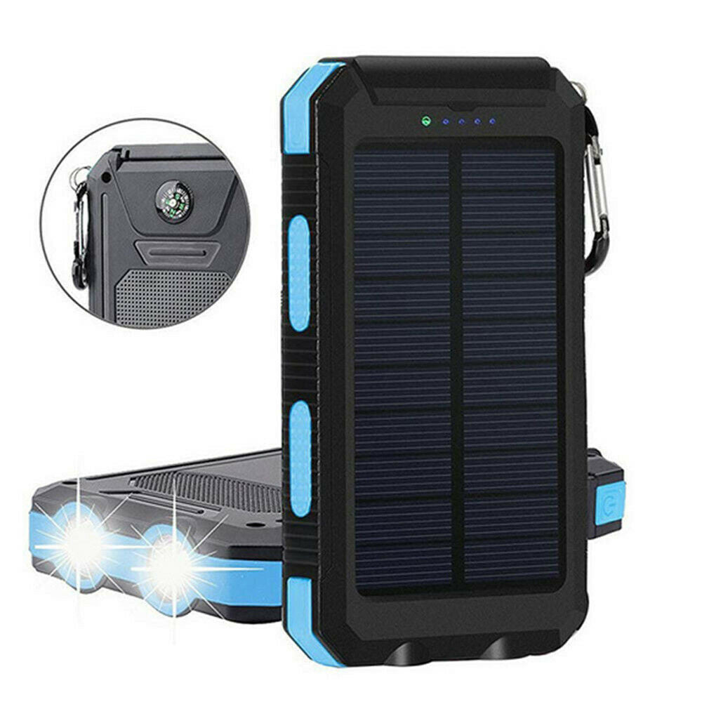30000mAh  blue Solar Power Bank Waterproof 2USB LED Battery Charger For Cell Phone